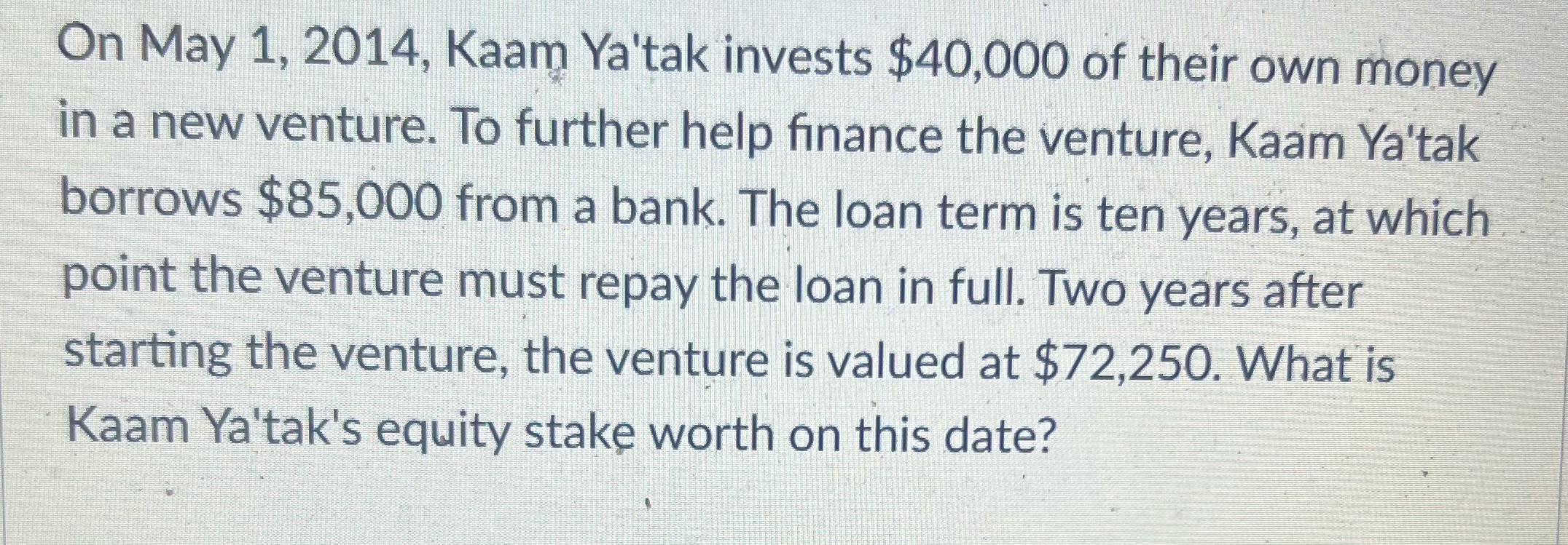 On May 1, 2014, Kaam Ya'tak invests $40,000
