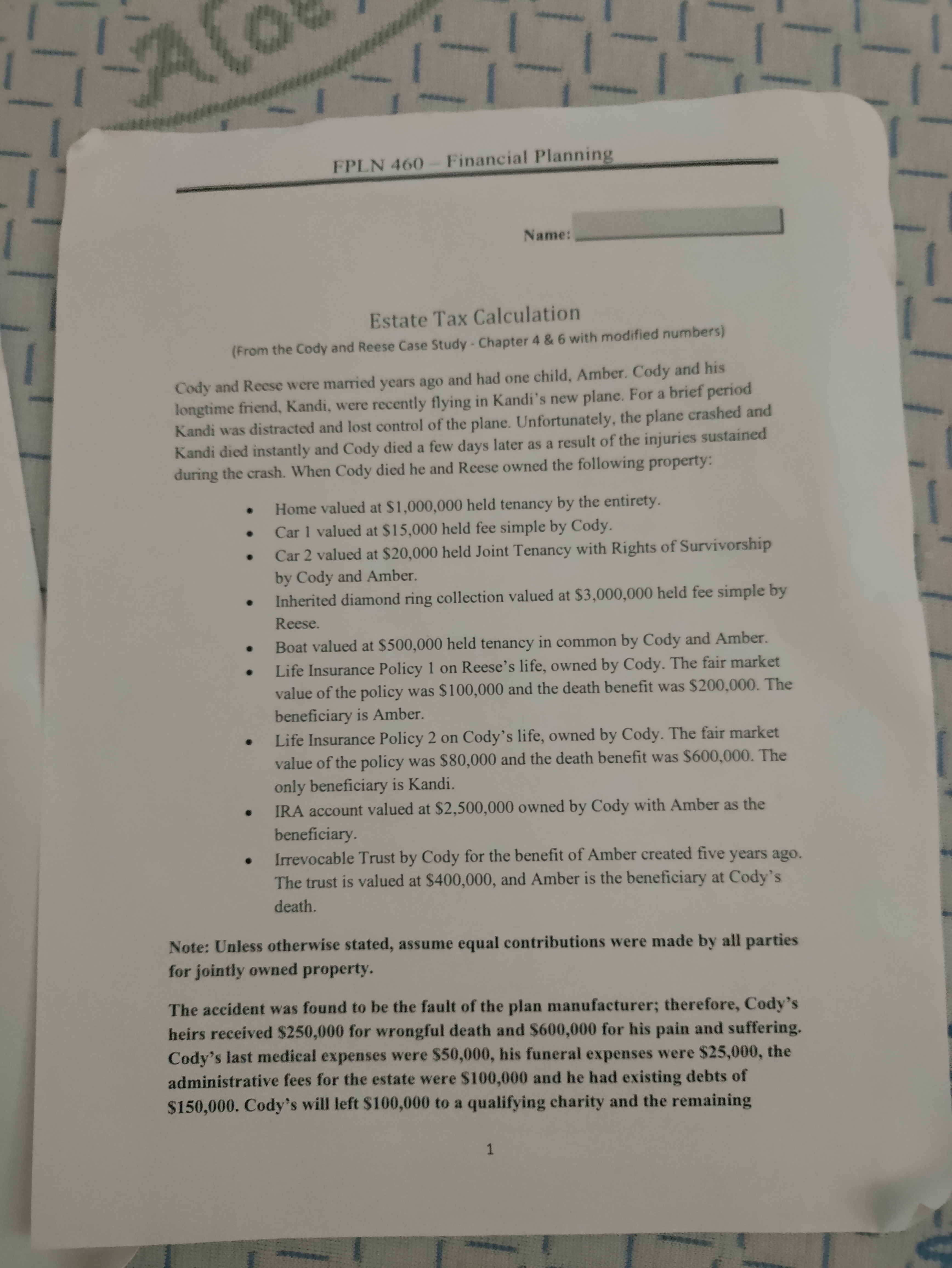 FPLN 460 - Financial Planning Name: Estate Tax