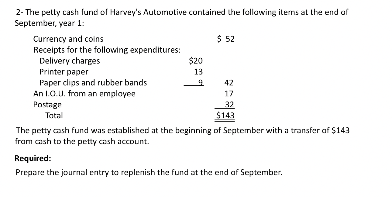 2 - The petty cash fund of Harvey's Automotive