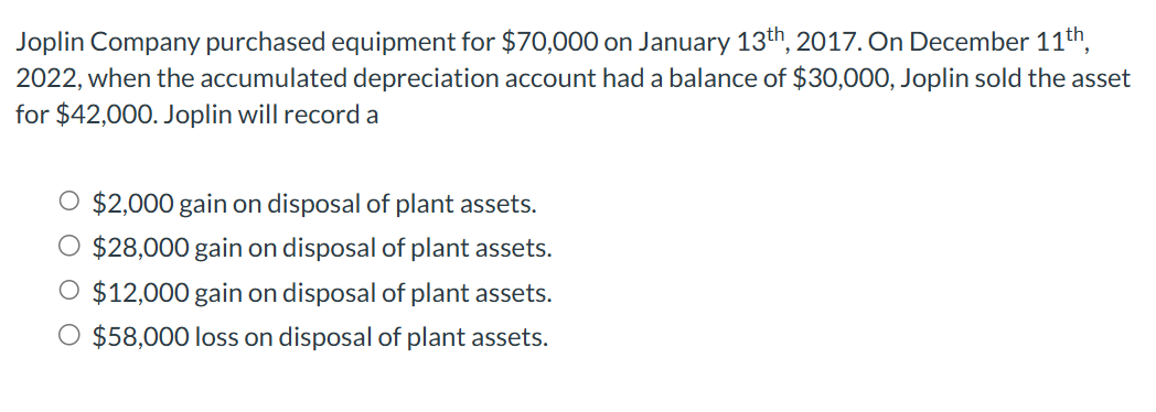 Joplin Company purchased equipment for $ 7 0 , 0