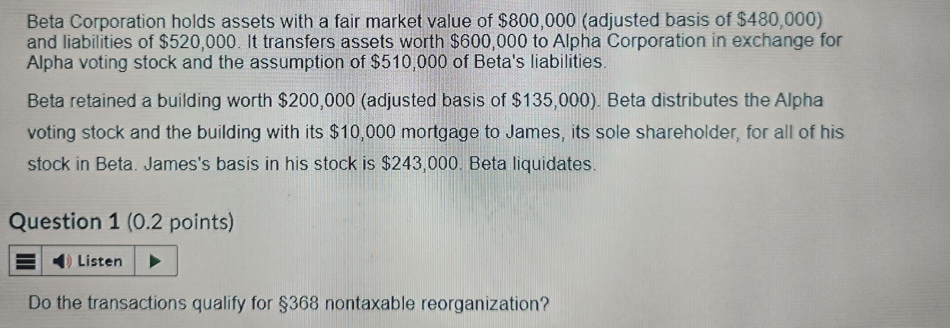 Beta Corporation holds assets with a fair market