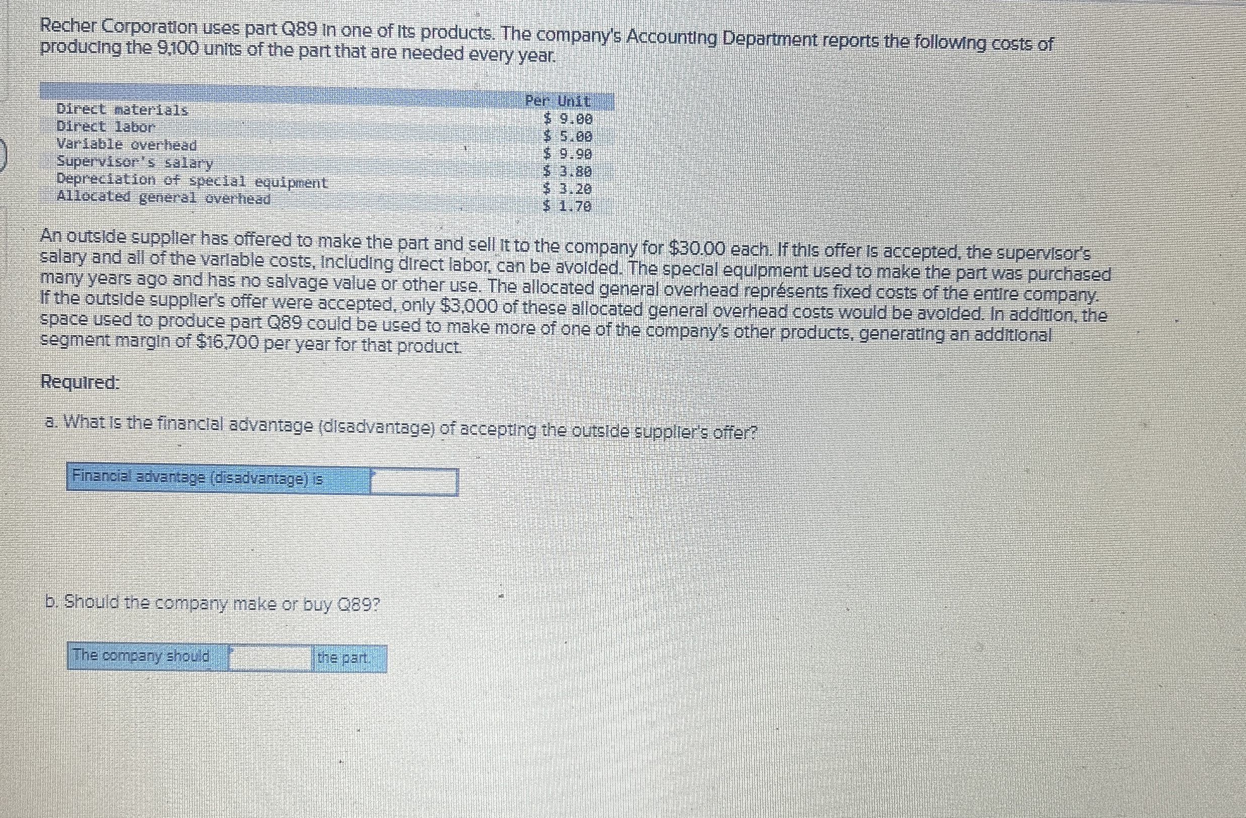 Recher Corporation uses part Q 8 9 in one of its