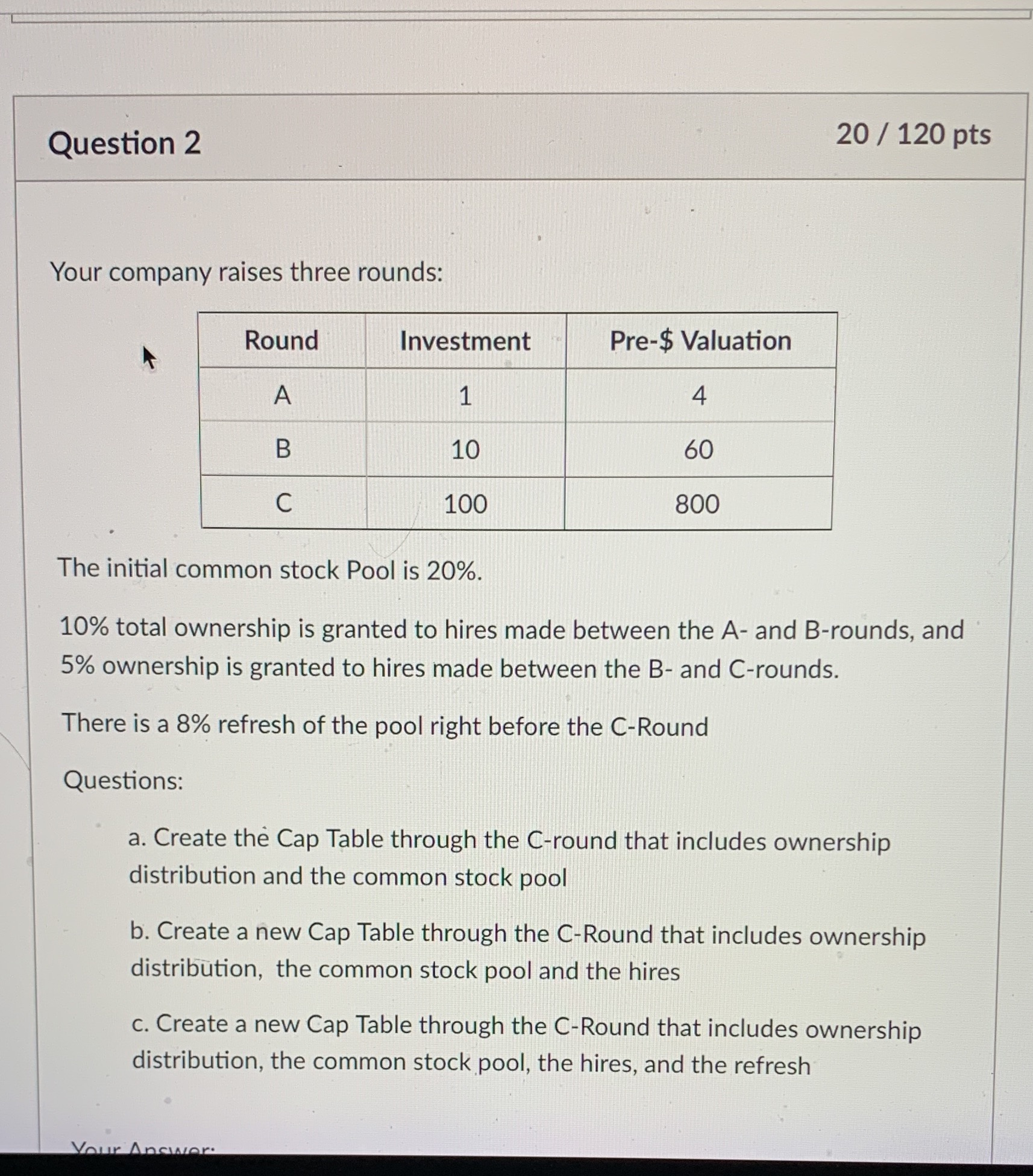 20 / 120 pts The initial common stock Pool is
