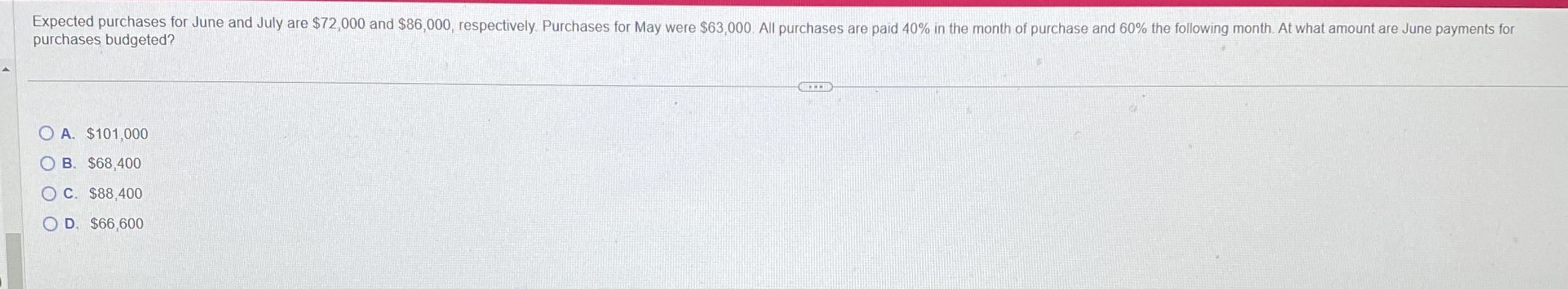 purchases budgeted? A . $ 1 0 1 , 0 0 0 B . $ 6 8
