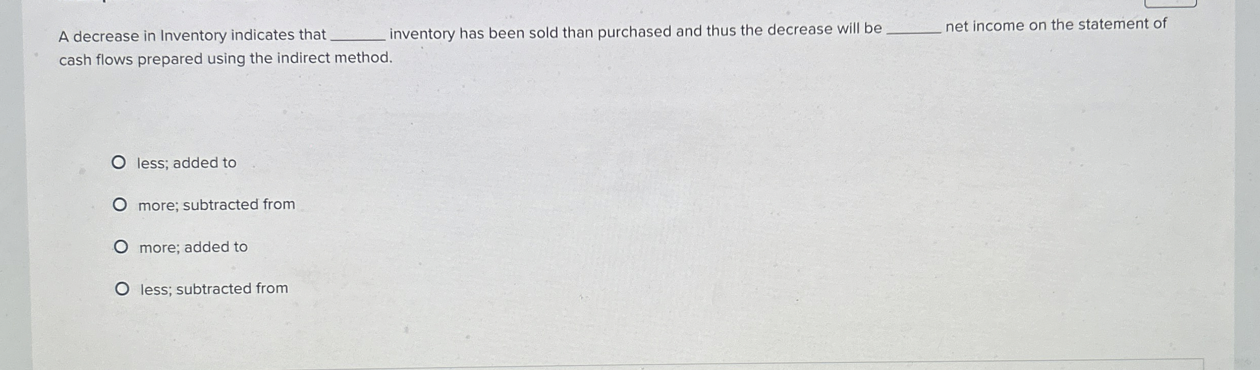 A decrease in Inventory indicates that q ,