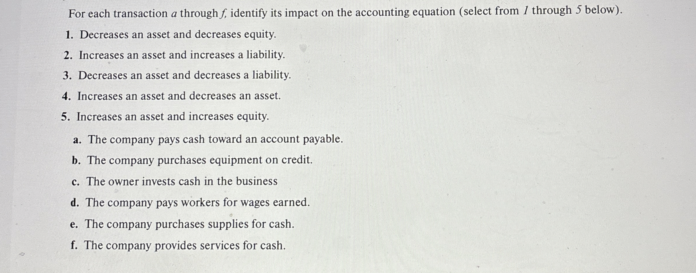 For each transaction a through f , identify its