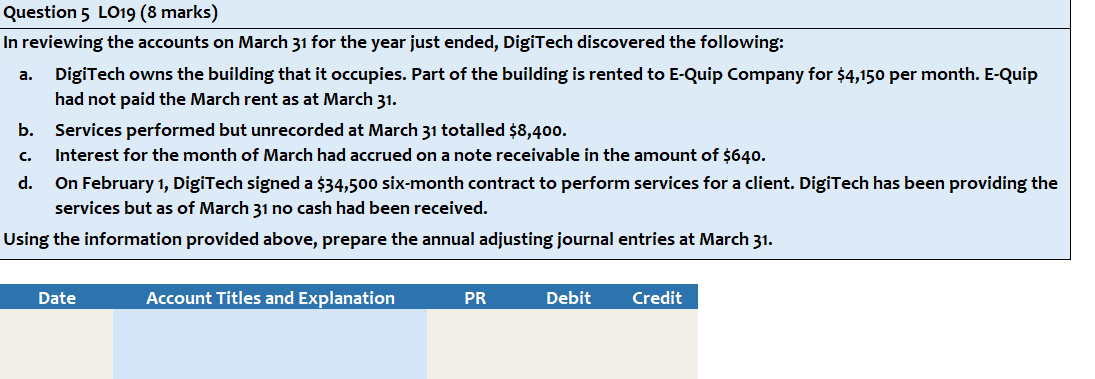 Question 5 LO 1 9 ( 8 marks ) In reviewing the