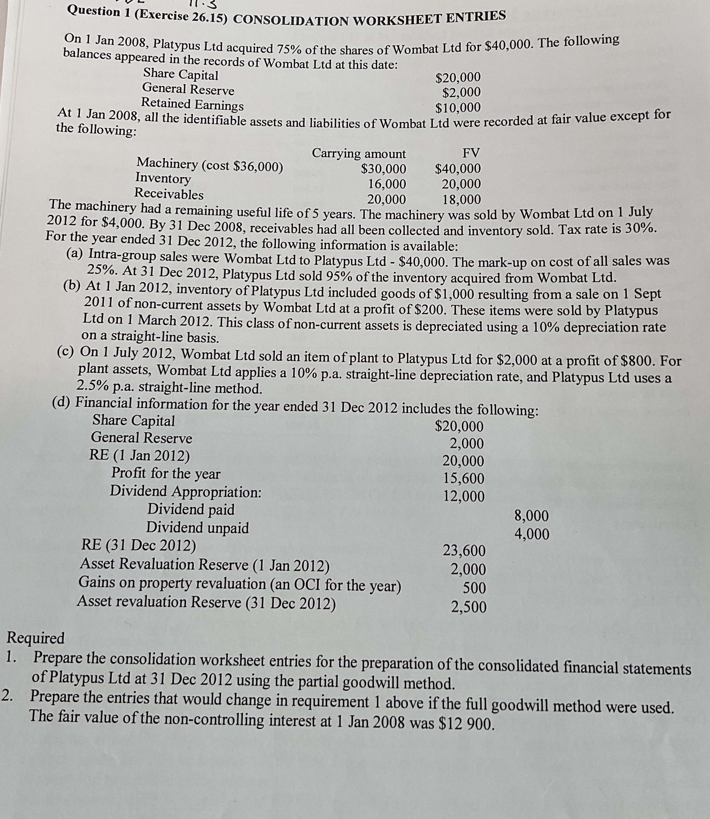 Question 1 ( Exercise 2 6 . 1 5 ) CONSOLIDATION