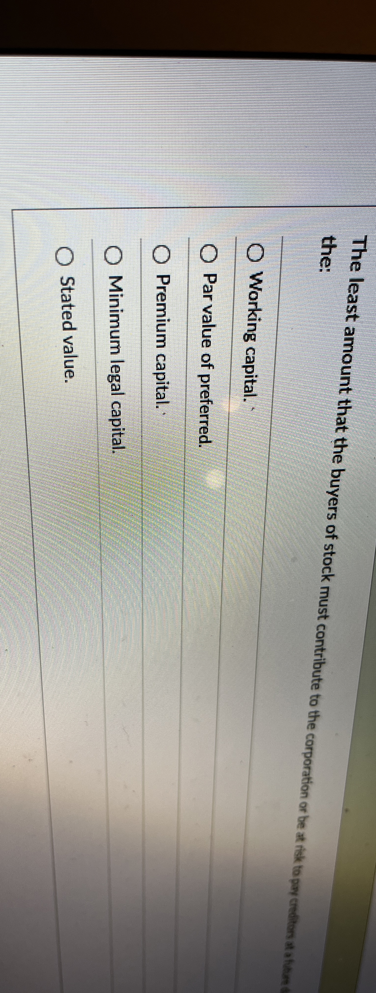 the: Working capital. Par value of preferred.