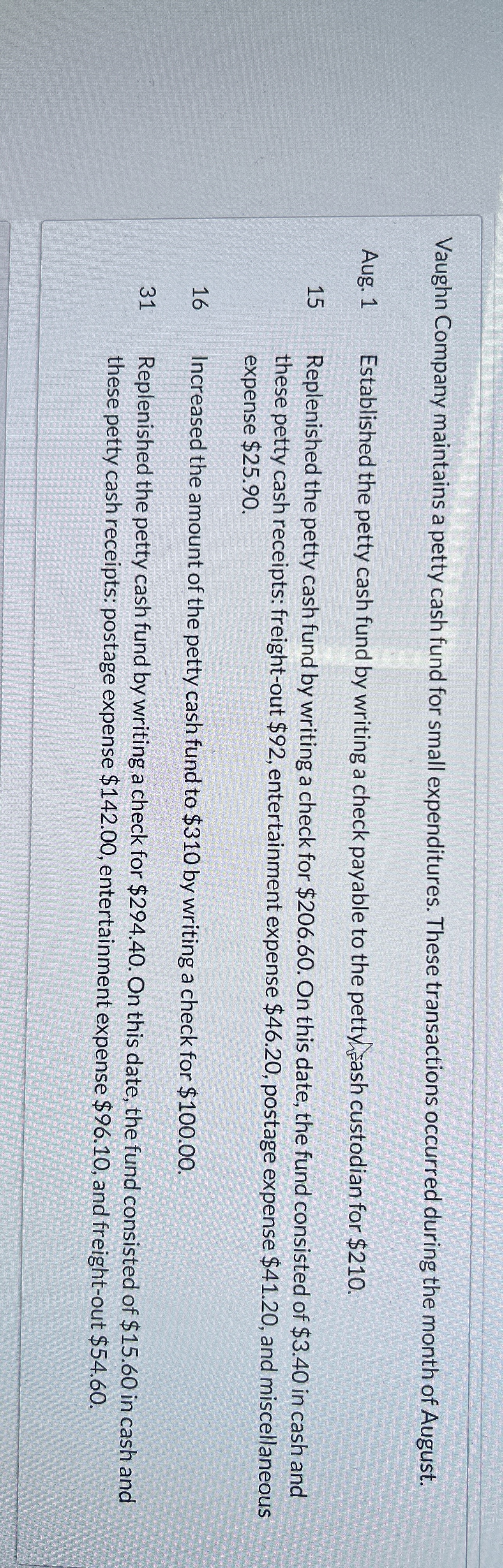 Vaughn Company maintains a petty cash fund for