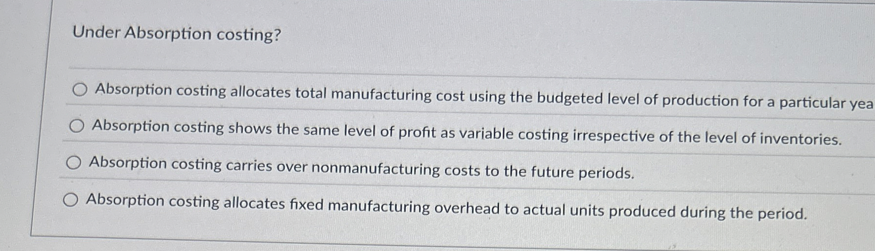 Under Absorption costing? Absorption costing