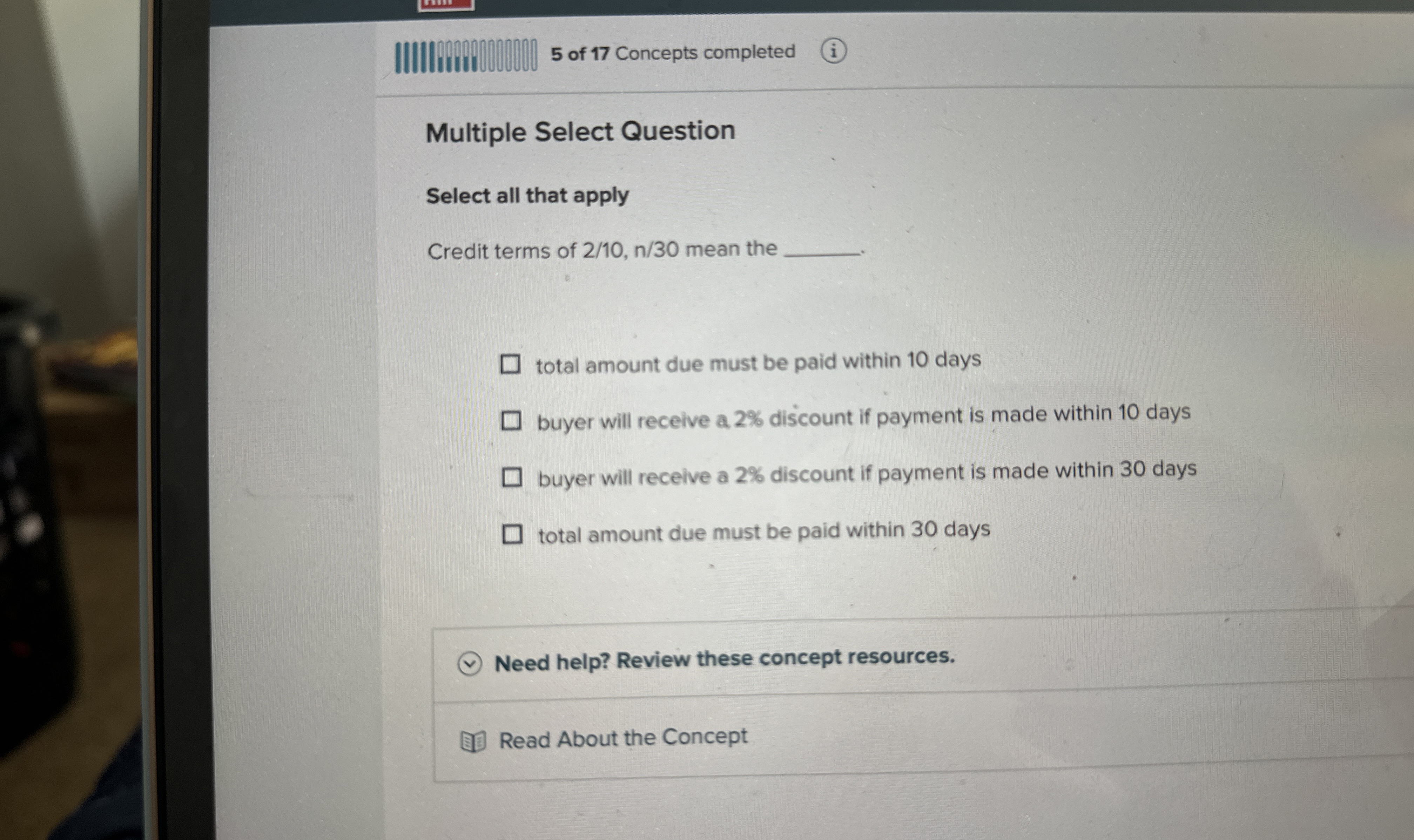 5 of 1 7 Concepts completed ( i ) Multiple Select