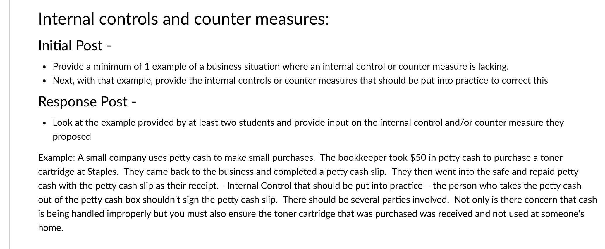 Internal controls and counter measures: Initial