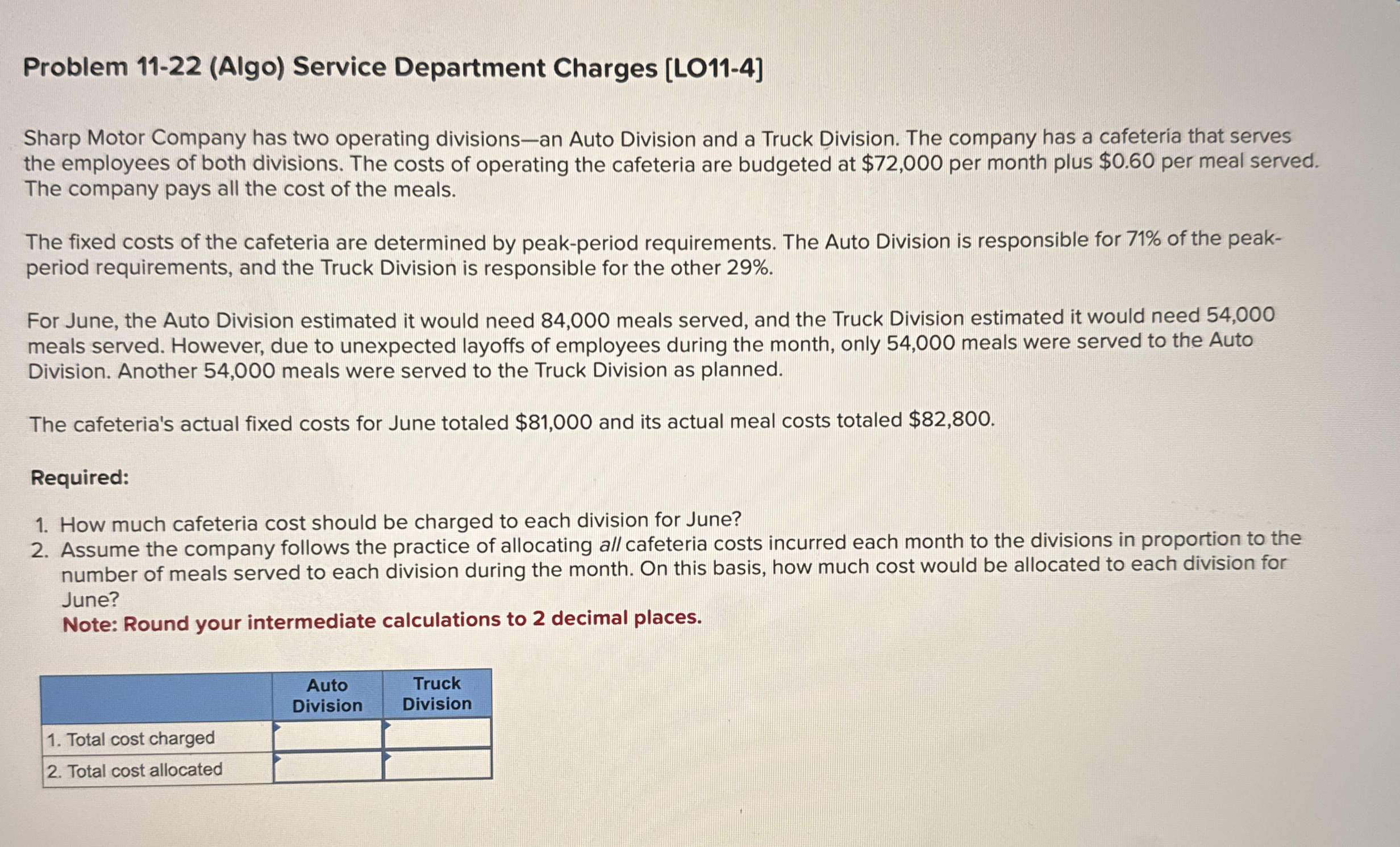 Problem 1 1 - 2 2 ( Algo ) Service Department