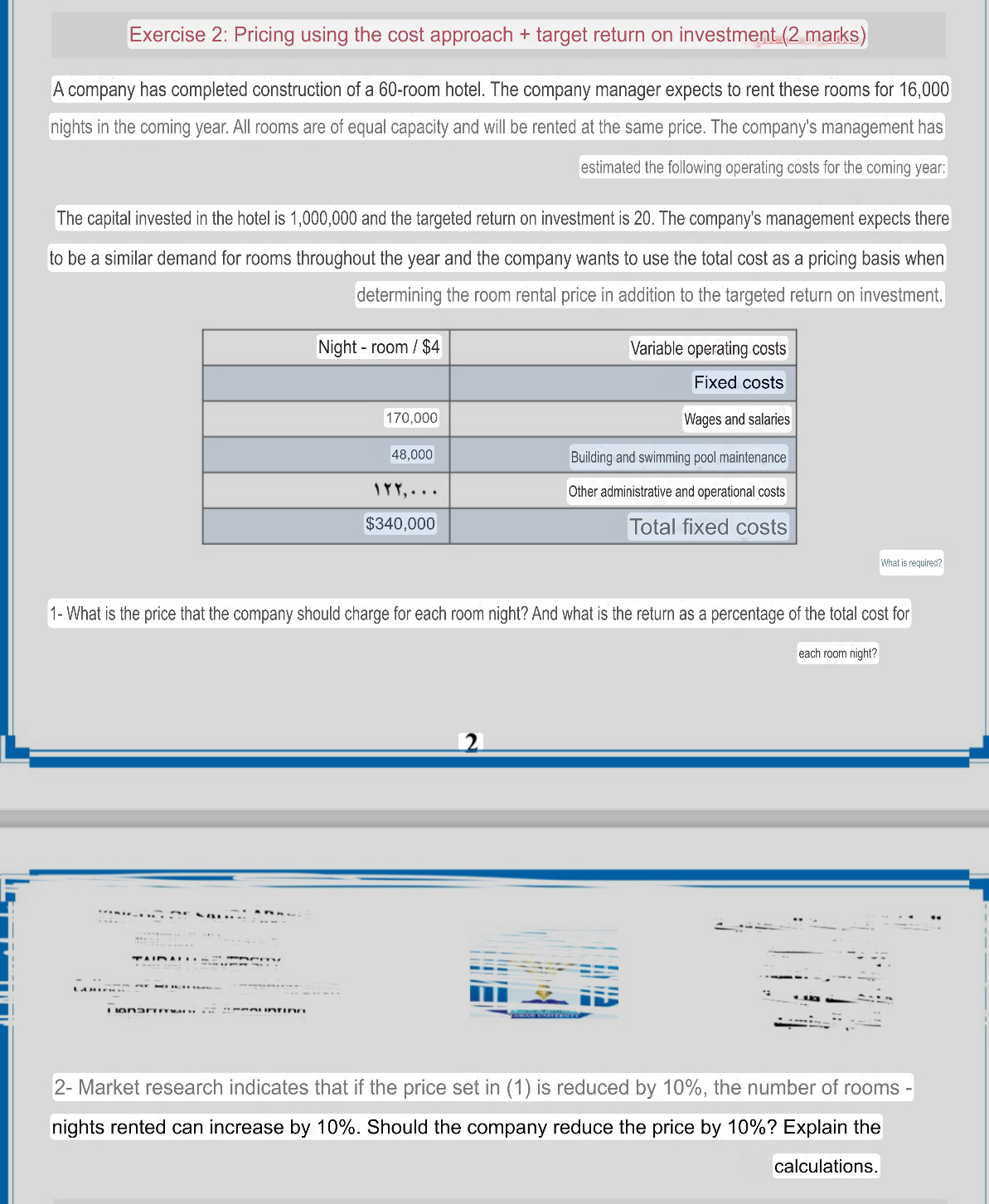 Exercise 2 : Pricing using the cost approach +
