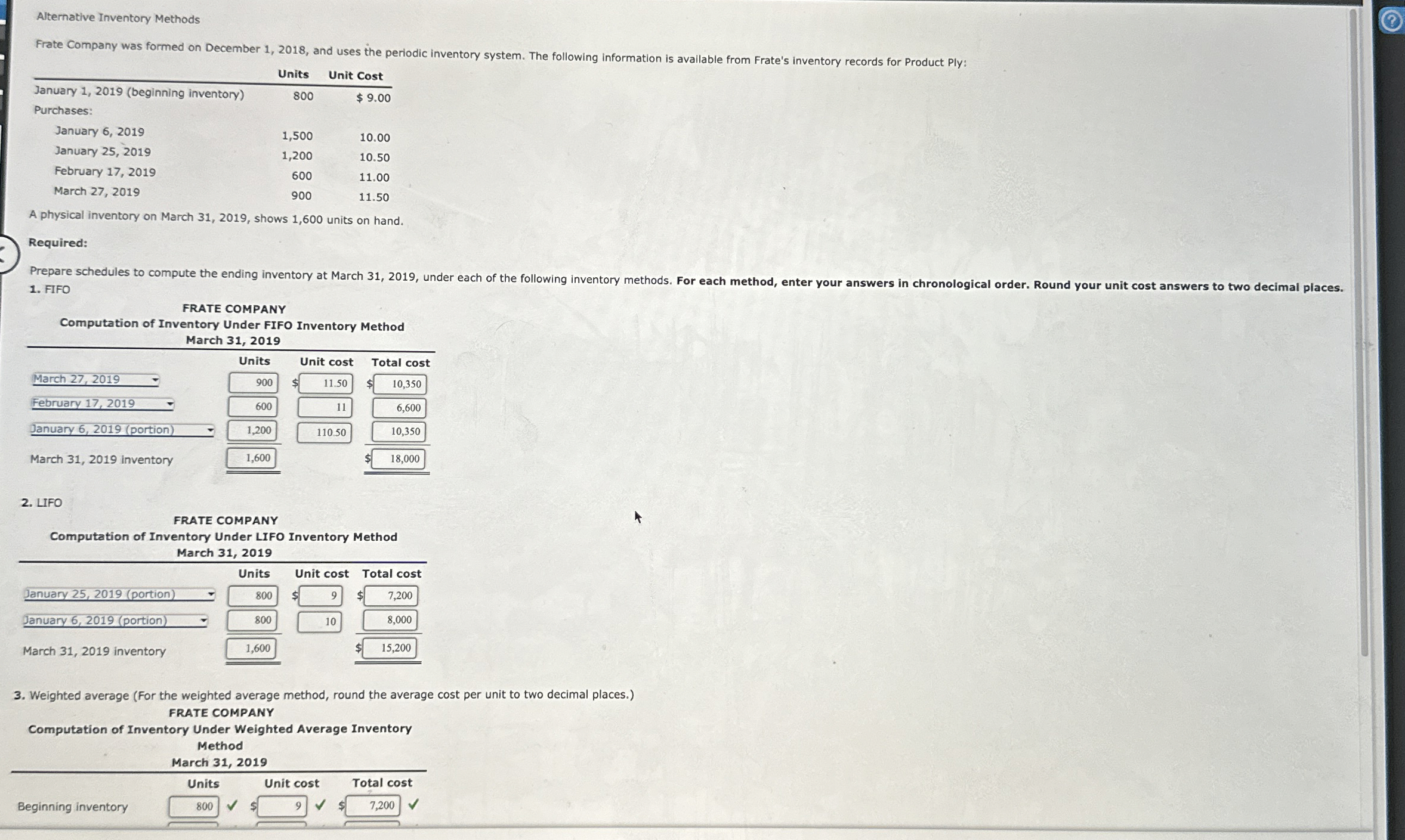 Alternative Inventory Methods Frate Company was