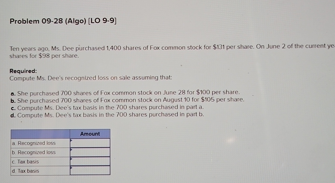 Problem 0 9 - 2 8 ( Algo ) [ LO 9 - 9 ] Ten years