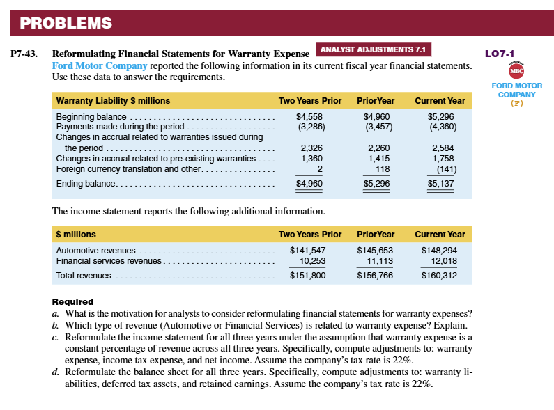 P 7 - 4 3 . Reformulating Financial Statements