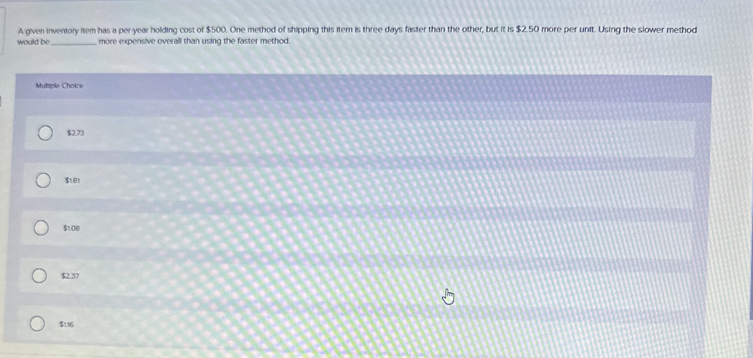 A given inventory item has a per - year holding