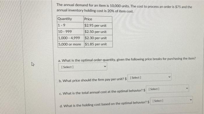 The annual demand for an item is 10,000 units.