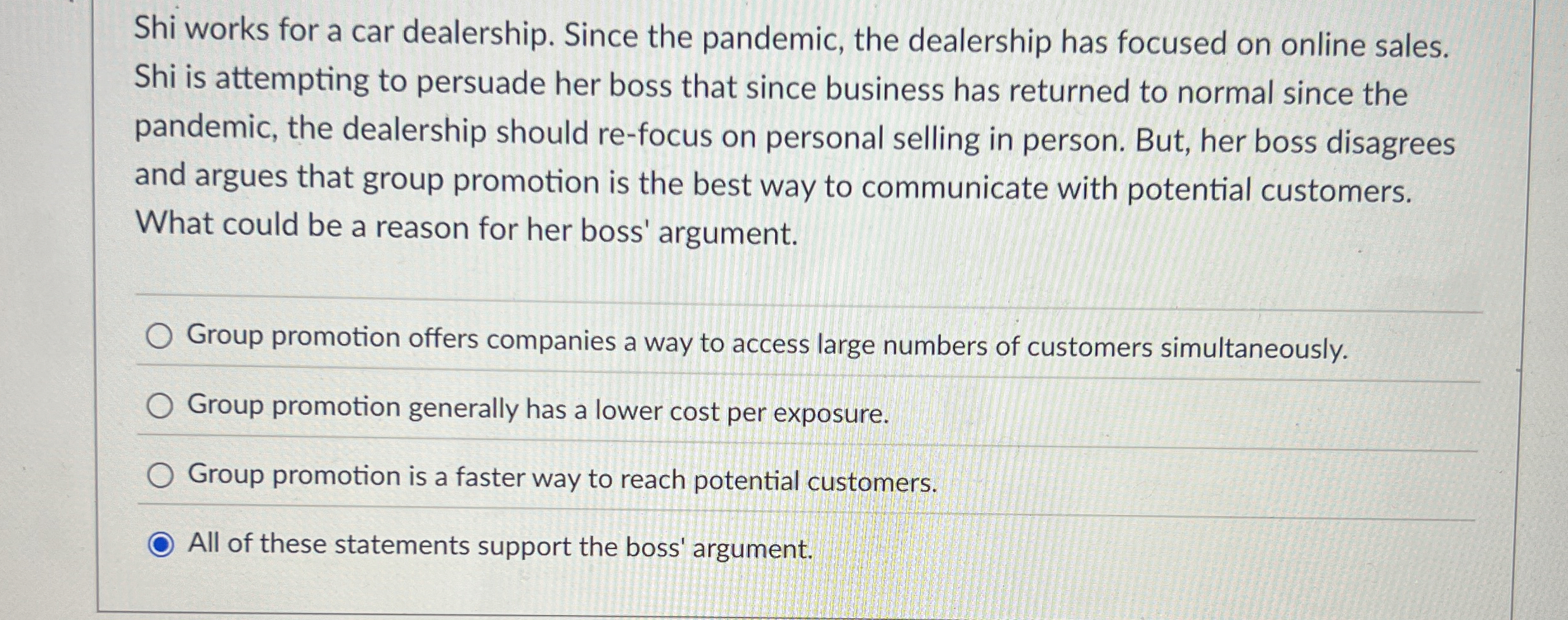 Shi works for a car dealership. Since the