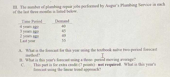 III. The number of plumbing repair jobs performed