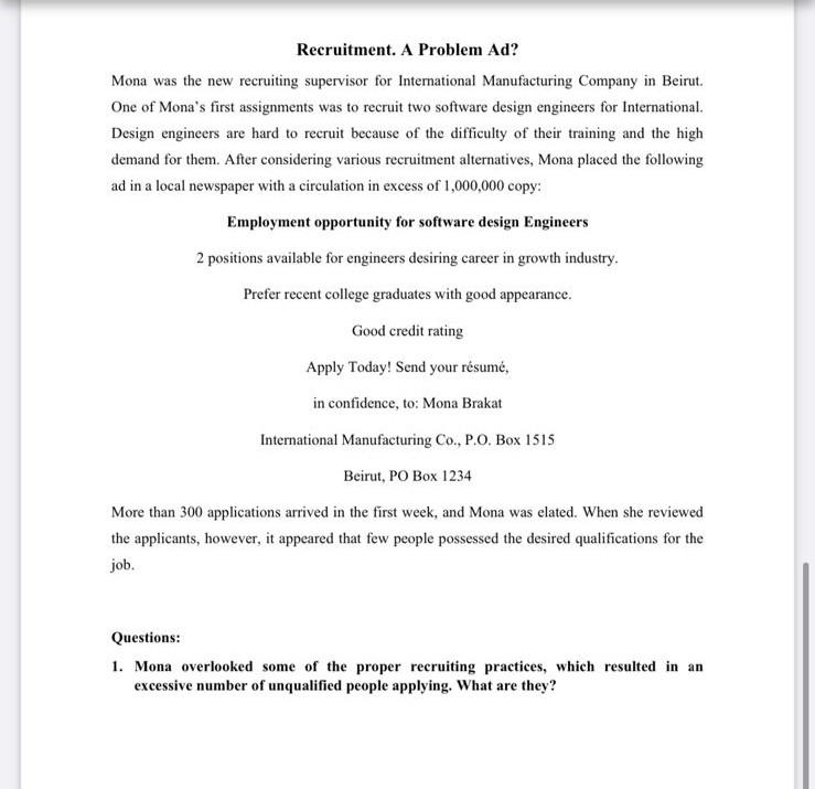 Recruitment. A Problem Ad? Mona was the new