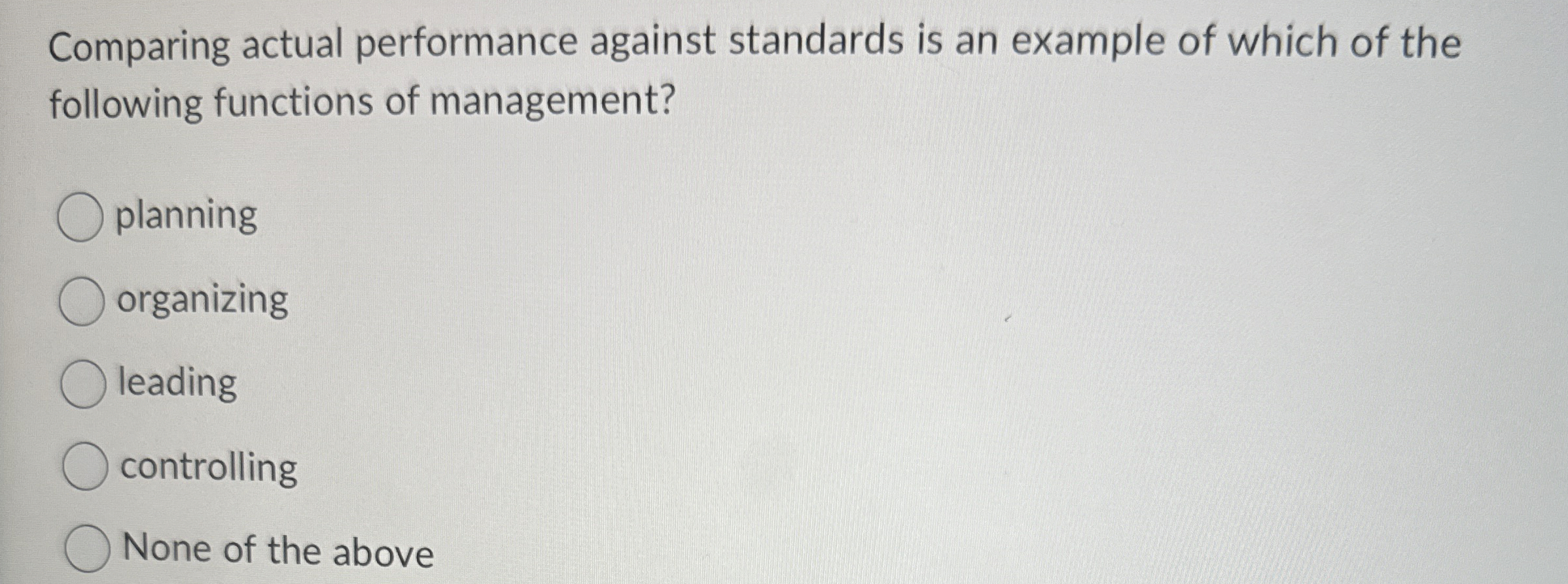Comparing actual performance against standards is