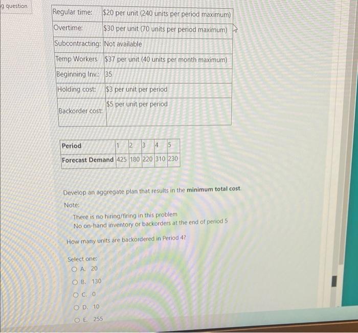 g question Regular time: $20 per unit (240 units