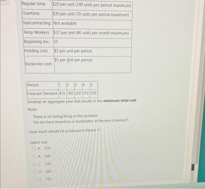 g question Regular time: $20 per unit (240 units