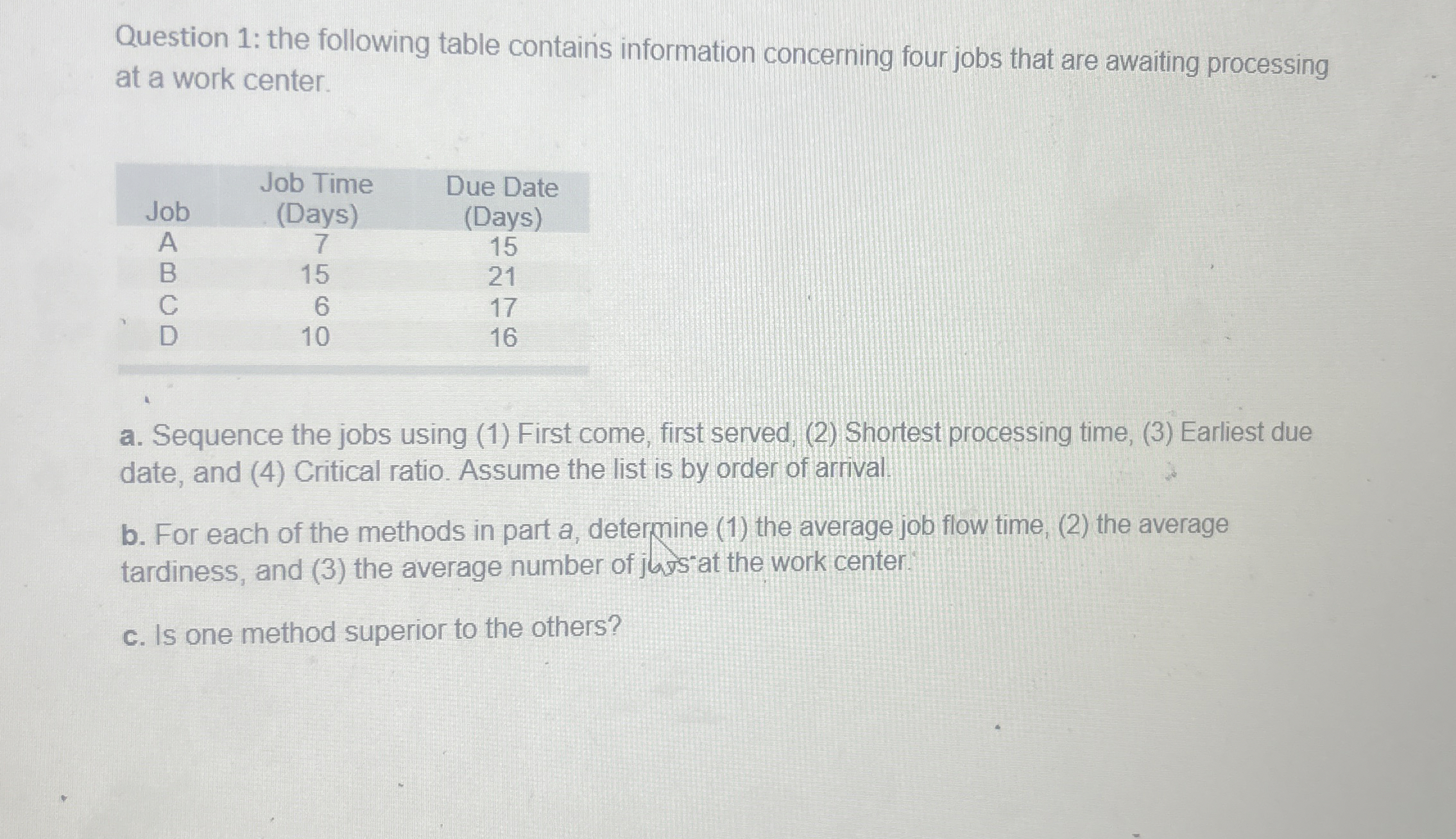 Question 1 : the following table contains