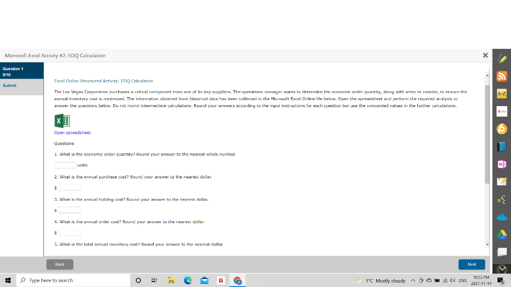 Microsoft Excel Activity #2: EOQ Calculation x