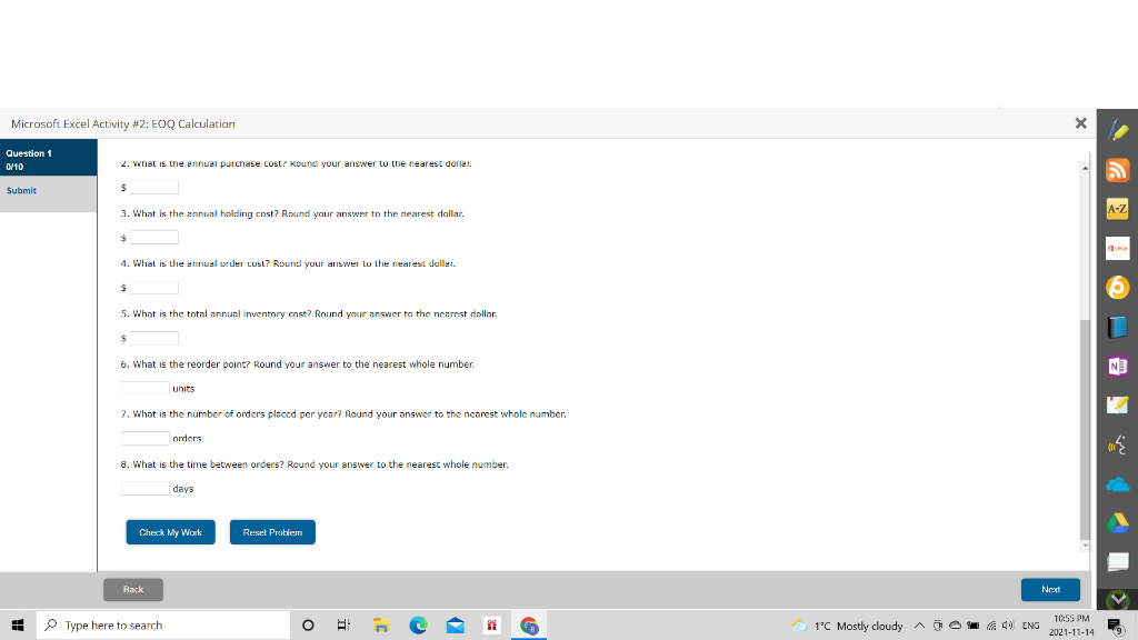Microsoft Excel Activity #2: EOQ Calculation x