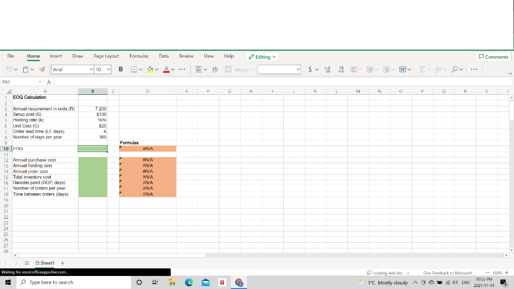 Microsoft Excel Activity #2: EOQ Calculation x