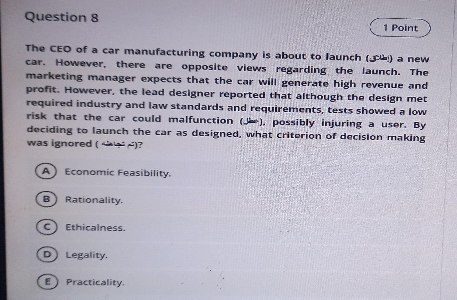 q8 Question 8 1 Point The CEO of a car