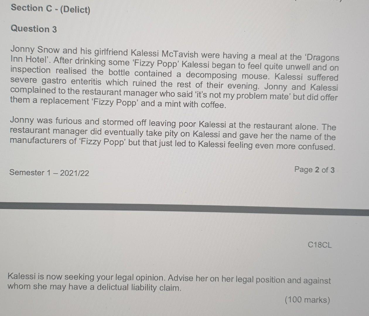 Section C - (Delict) - Question 3 Jonny Snow and