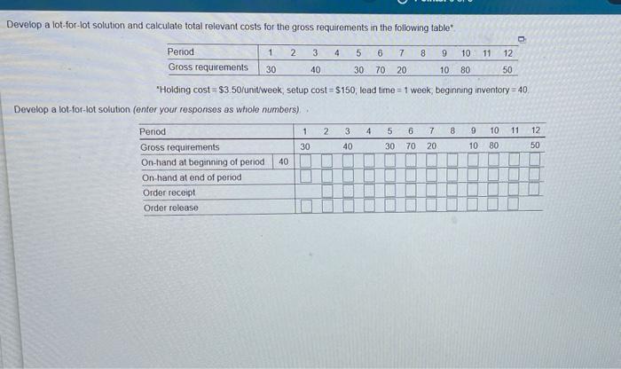 Develop a lot-for-lot solution and calculate
