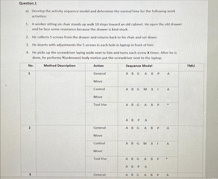 Question 1 a) Develop the activity sequence model