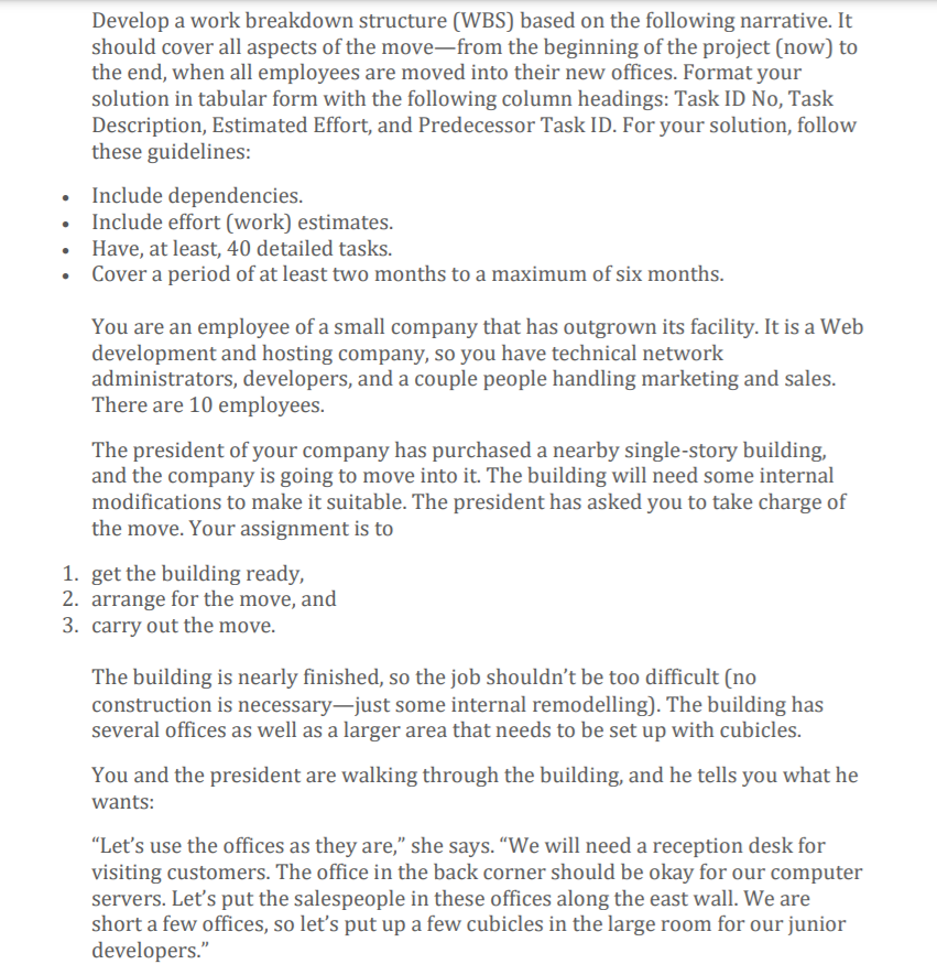 Develop a work breakdown structure (WBS) based on