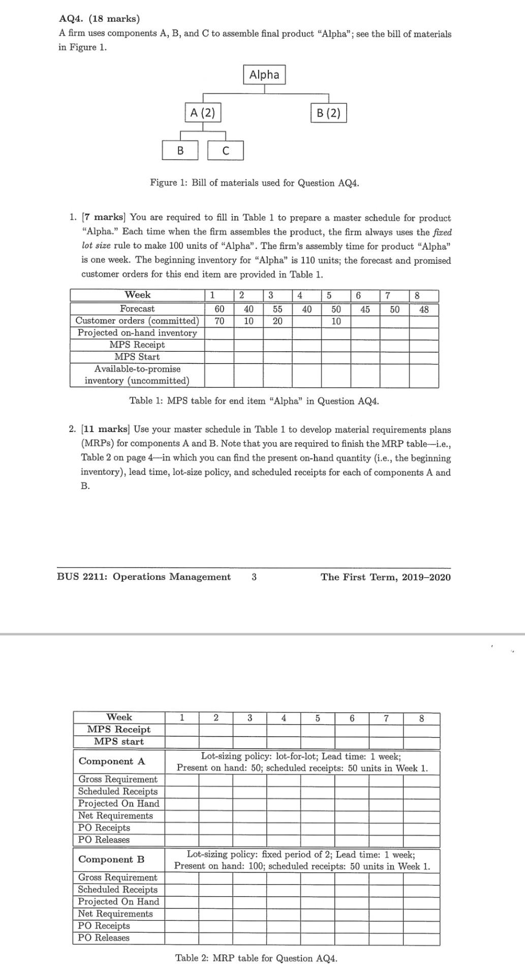 AQ4. (18 marks) A firm uses components A, B, and