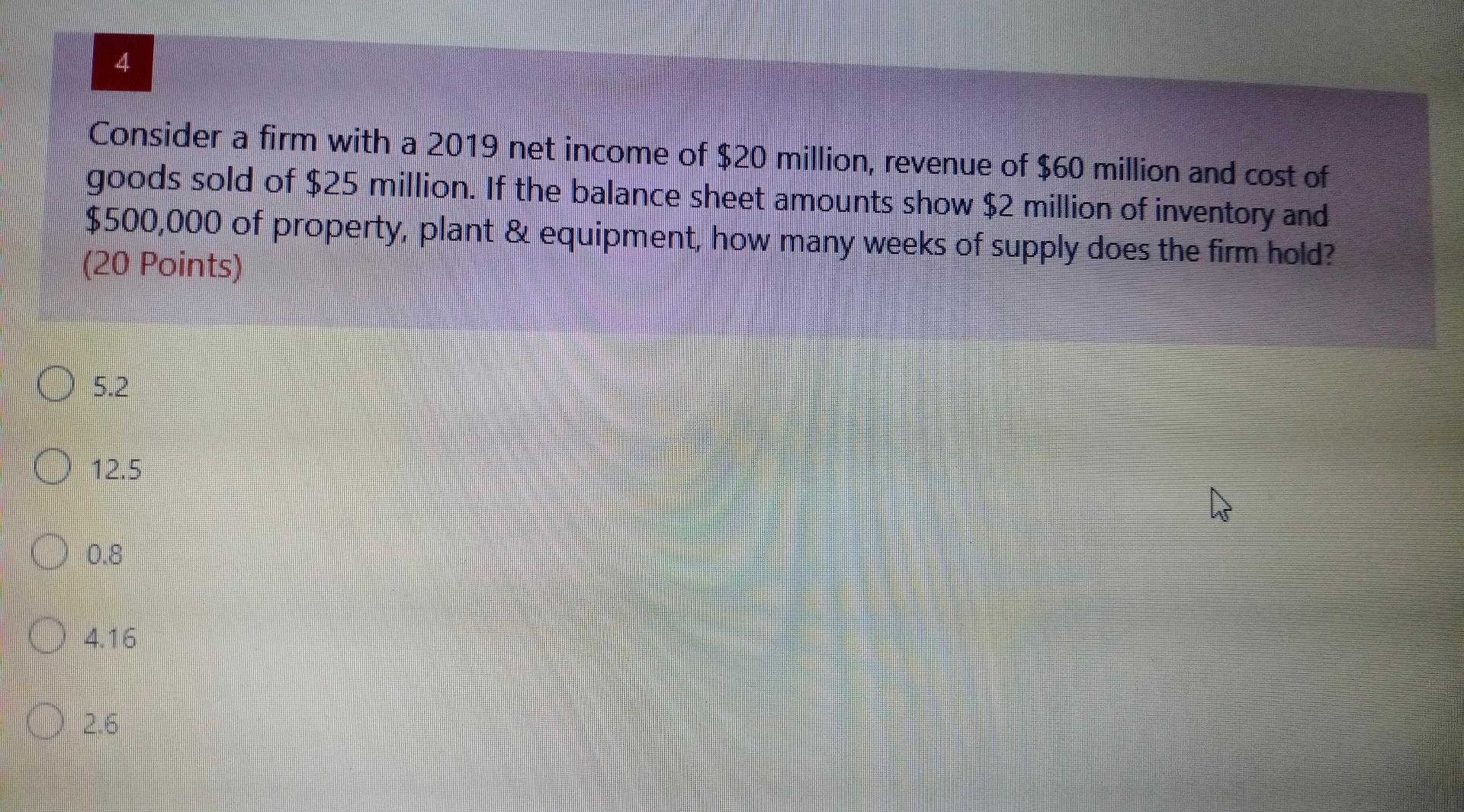 Consider a firm with a 2019 net income of $20