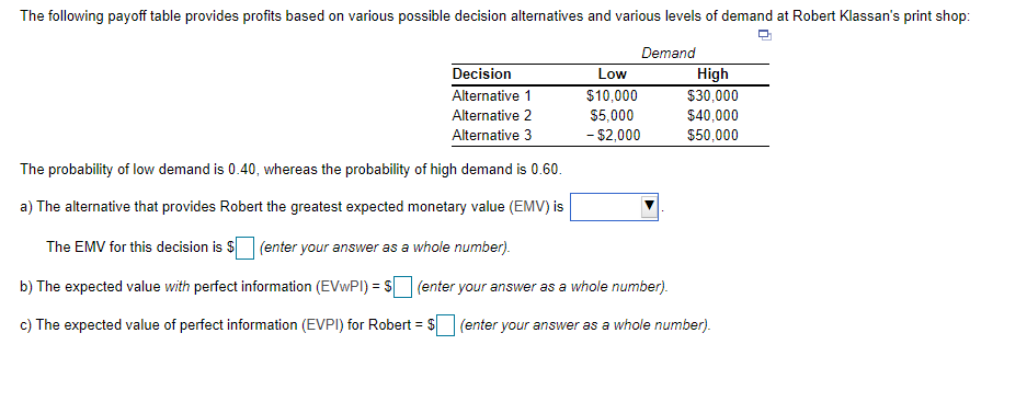 The following payoff table provides profits based