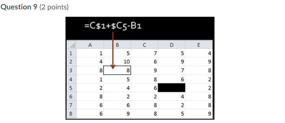 Question 9 (2 points) =C$1+$C5-B1 B D E 5 5 4 7 6