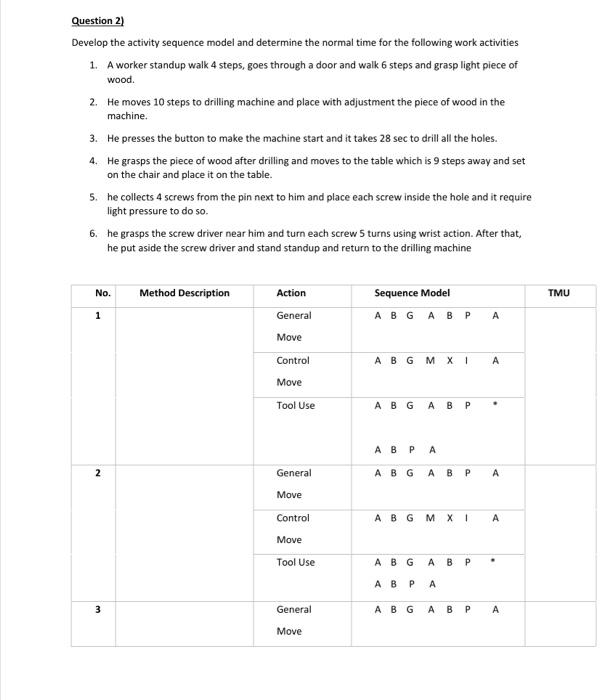 Question 2) Develop the activity sequence model
