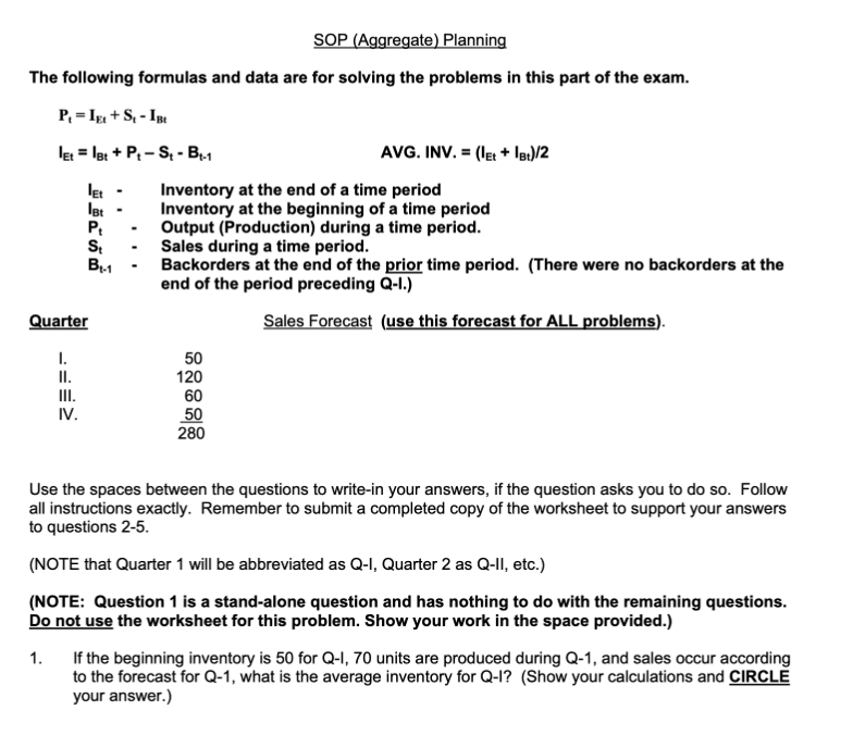 SOP (Aggregate) Planning The following formulas