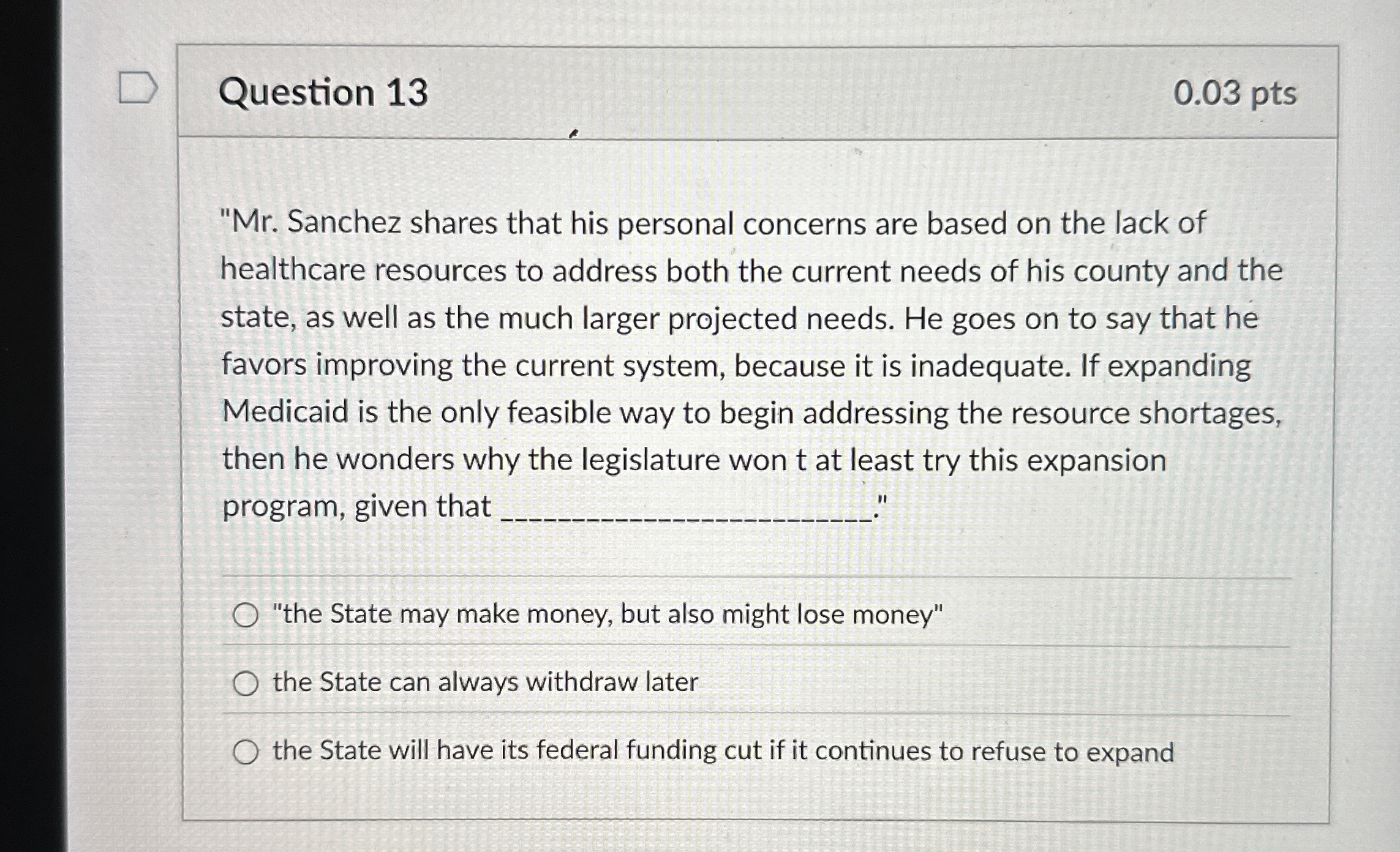 Question 1 3 0 . 0 3 pts " Mr . Sanchez shares