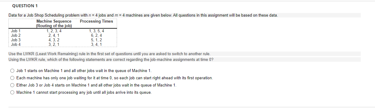 QUESTION 1 Data for a Job Shop Scheduling problem