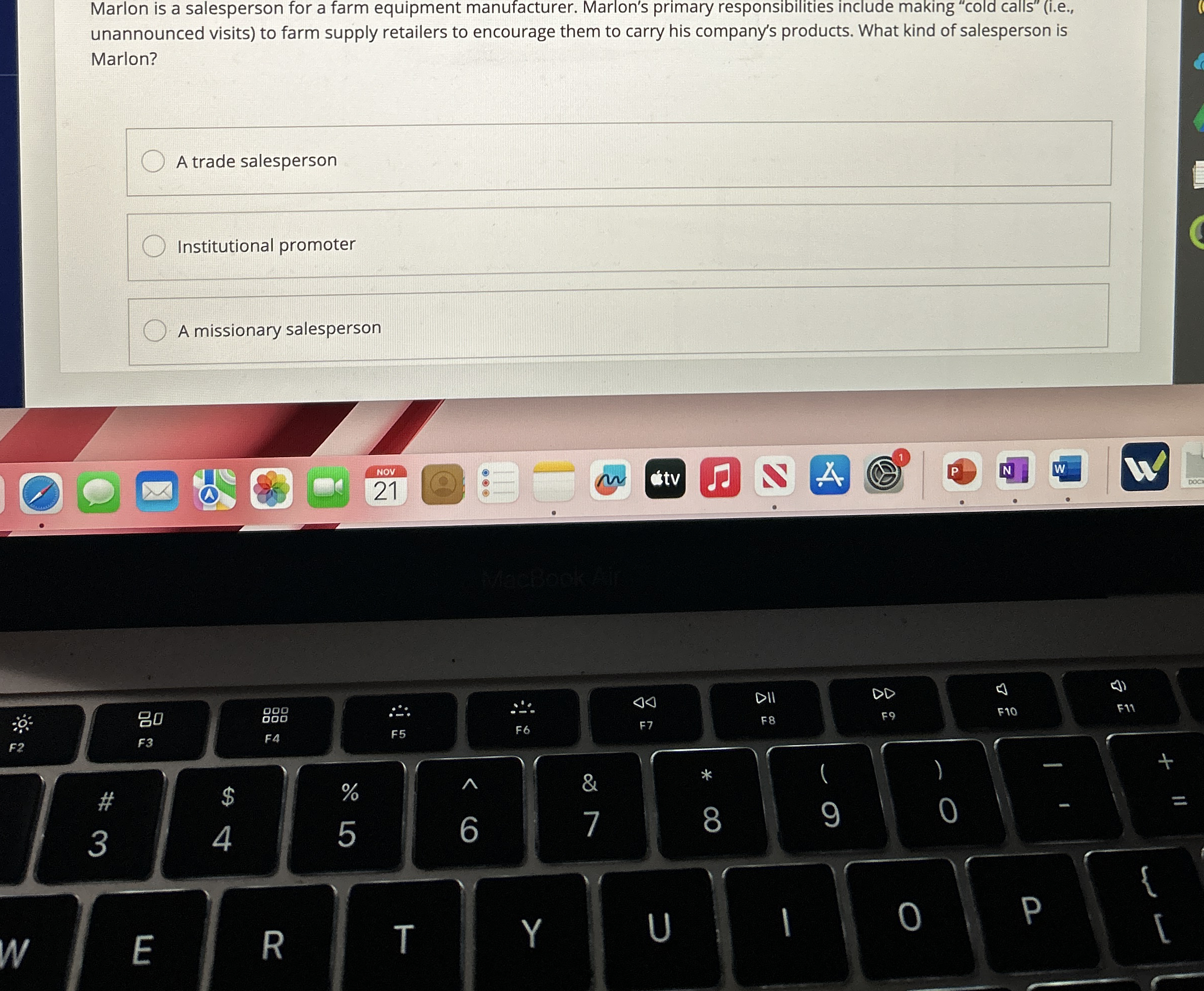 Marlon is a salesperson for a farm equipment