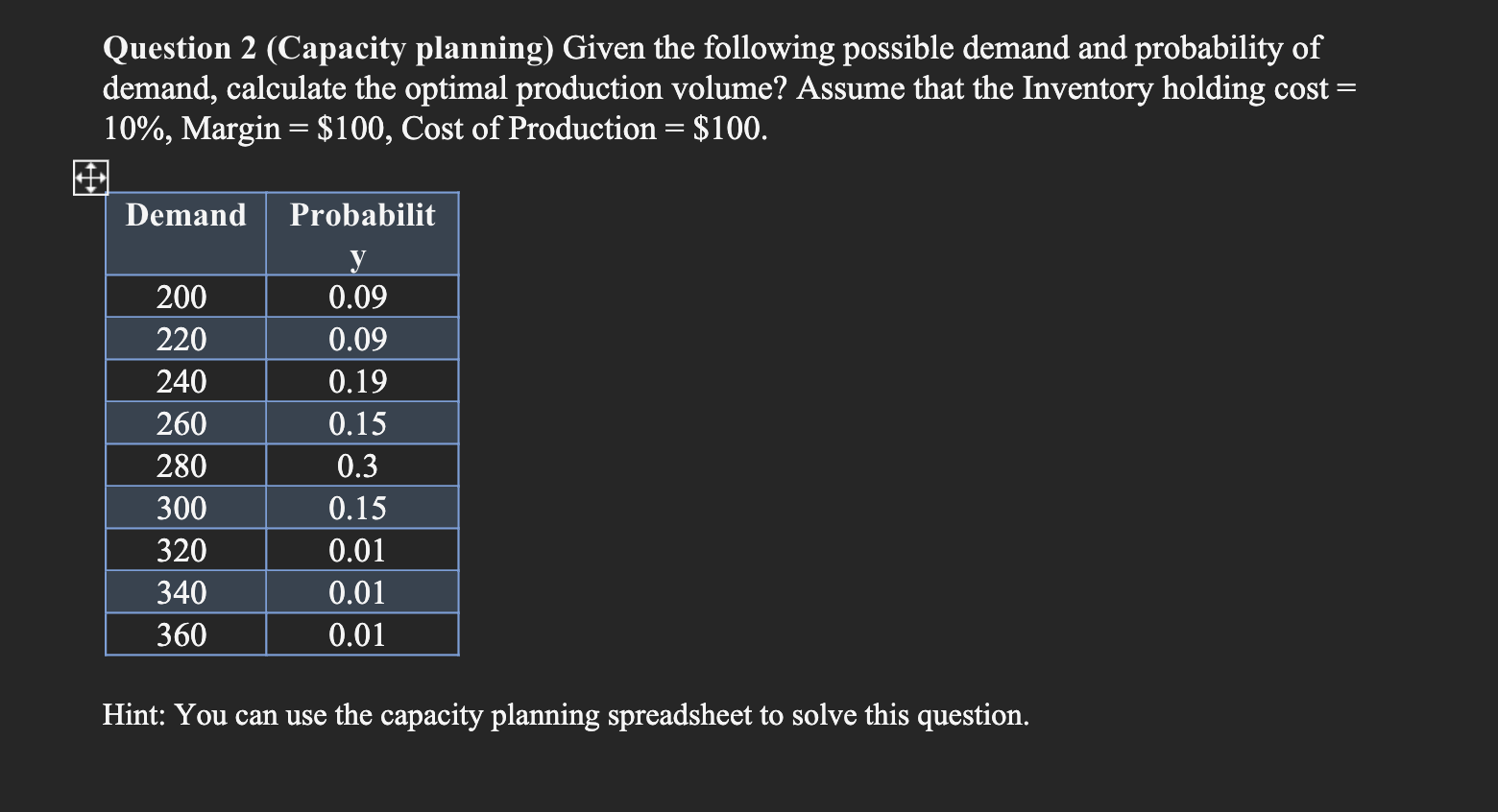 Question 2 ( Capacity planning ) Given the