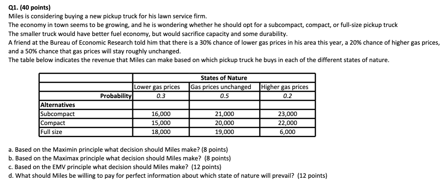 PLEASE ANSWER IN EXCEL Q1. (40 points) Miles is